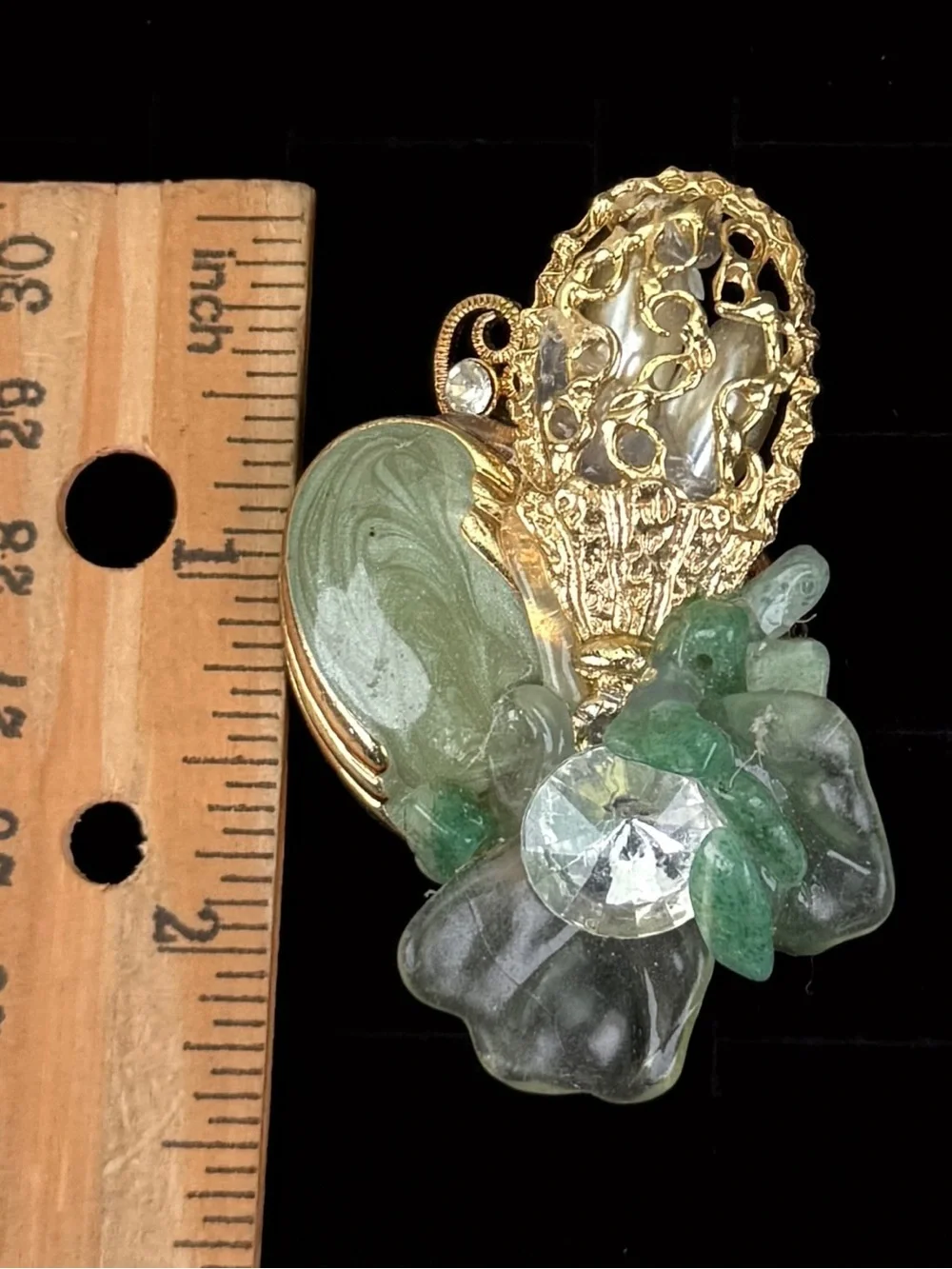 One of a Kind Vintage Green Cluster Basket Brooch Gold Tone Statement Pin